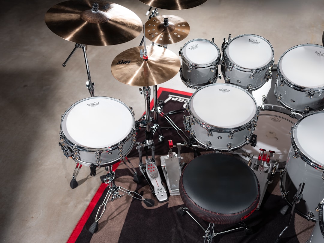 A drum kit is set up and ready to go.